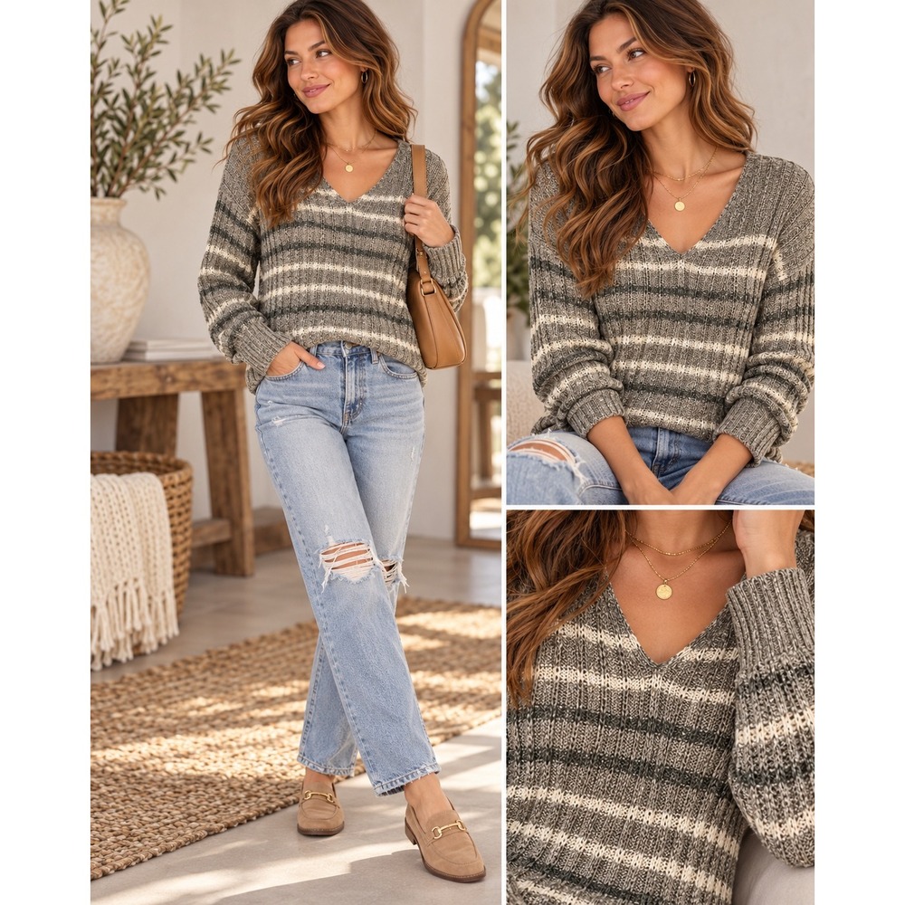 Freshman 1996 Grey White Striped Open Knit V-Neck Sweater Small 5T510753RG